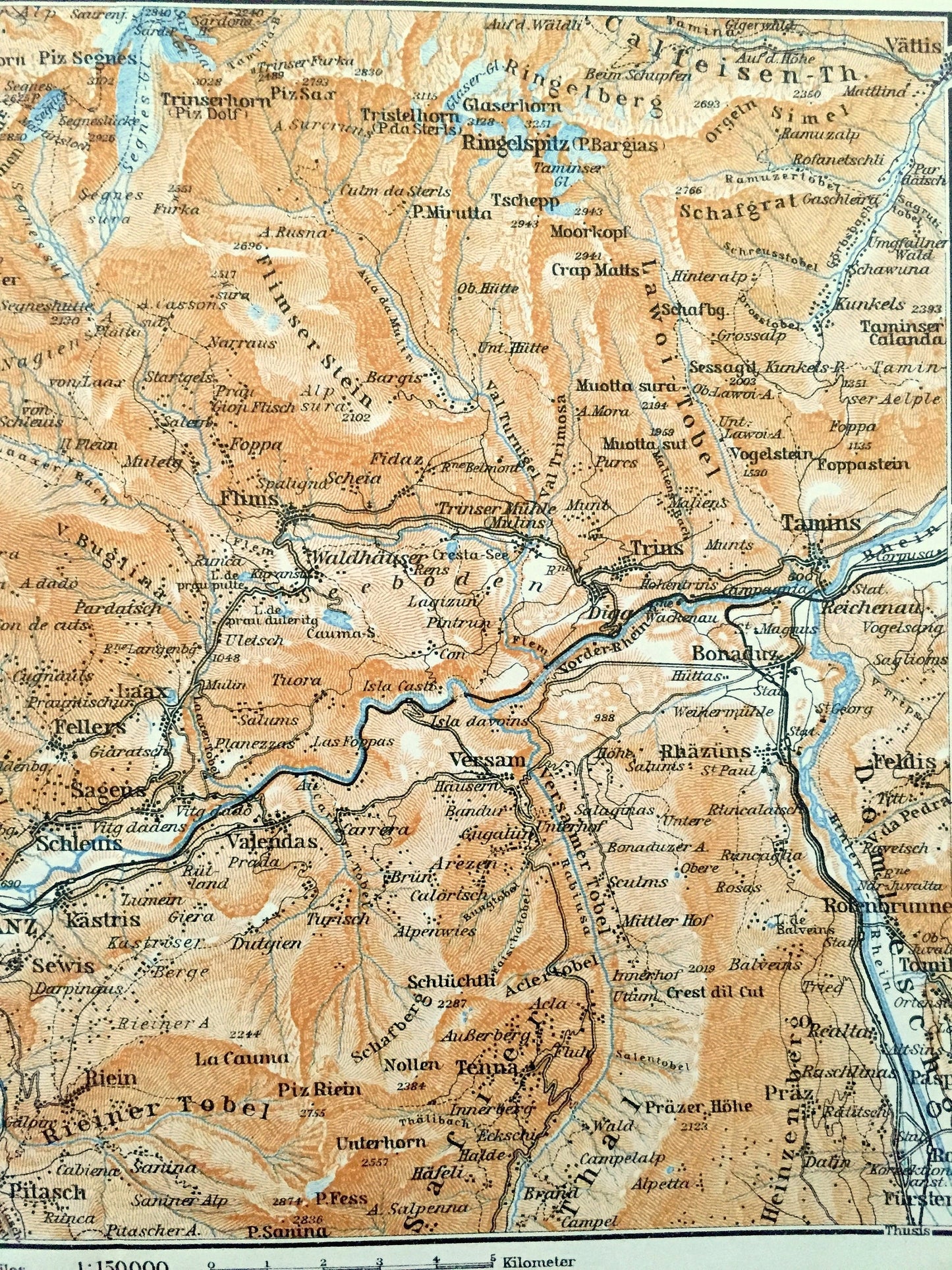 Antique 1913 Ilanz, Switzerland Map from Baedekers Guide Atlas – Tamins, Elm, Flond, Schleuis, Bonaduz, Brigels, Panix, Andest, Fellers