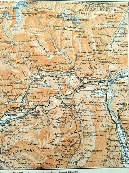 Antique 1913 Ilanz, Switzerland Map from Baedekers Guide Atlas – Tamins, Elm, Flond, Schleuis, Bonaduz, Brigels, Panix, Andest, Fellers