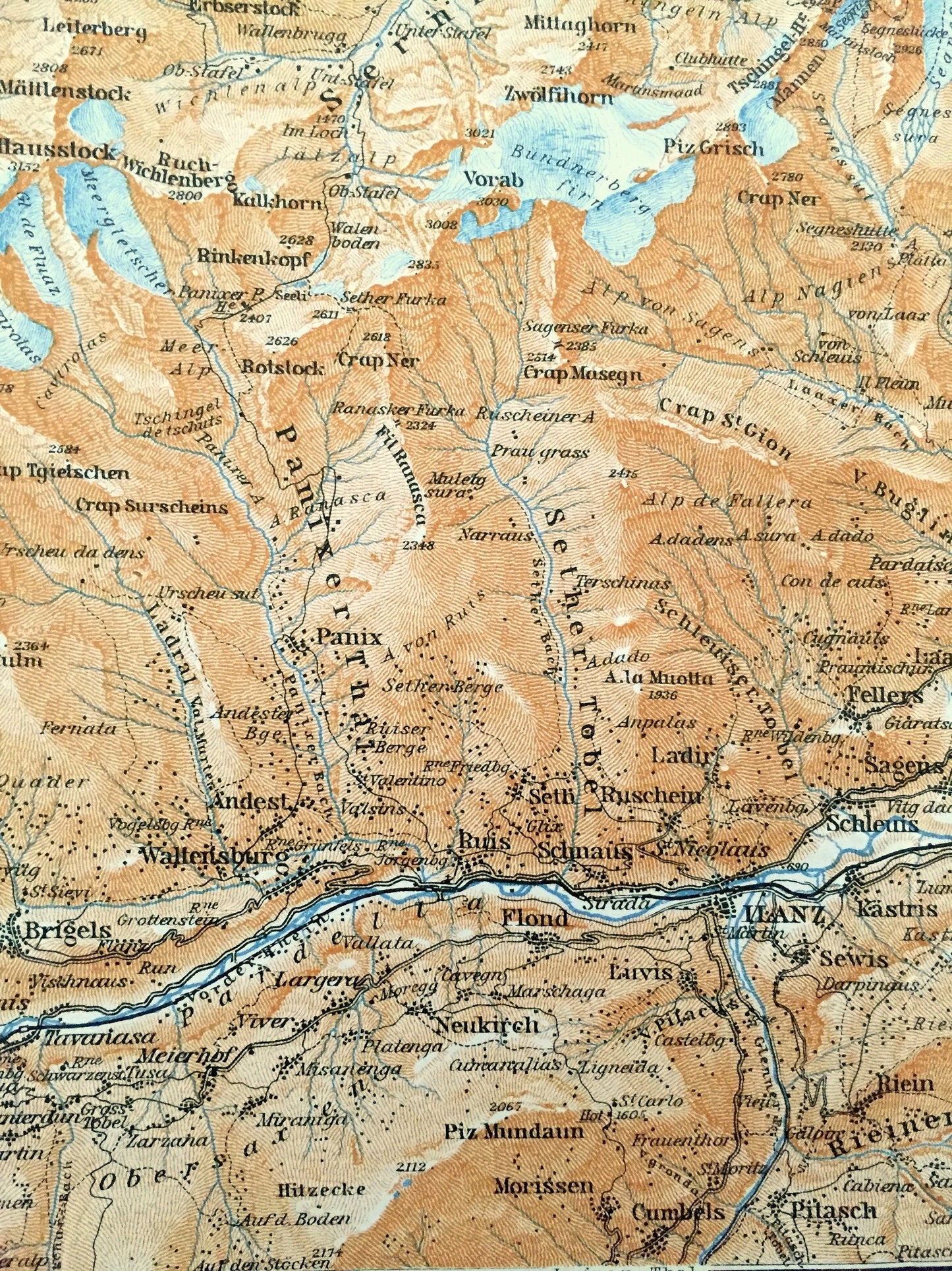 Antique 1913 Ilanz, Switzerland Map from Baedekers Guide Atlas – Tamins, Elm, Flond, Schleuis, Bonaduz, Brigels, Panix, Andest, Fellers