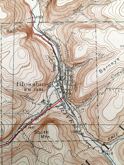 Antique Blossburg, Pennsylvania 1927 US Geological Survey Topographic Map – Tioga, Lycoming County, Charleston, Covington, Duncan, Morris PA