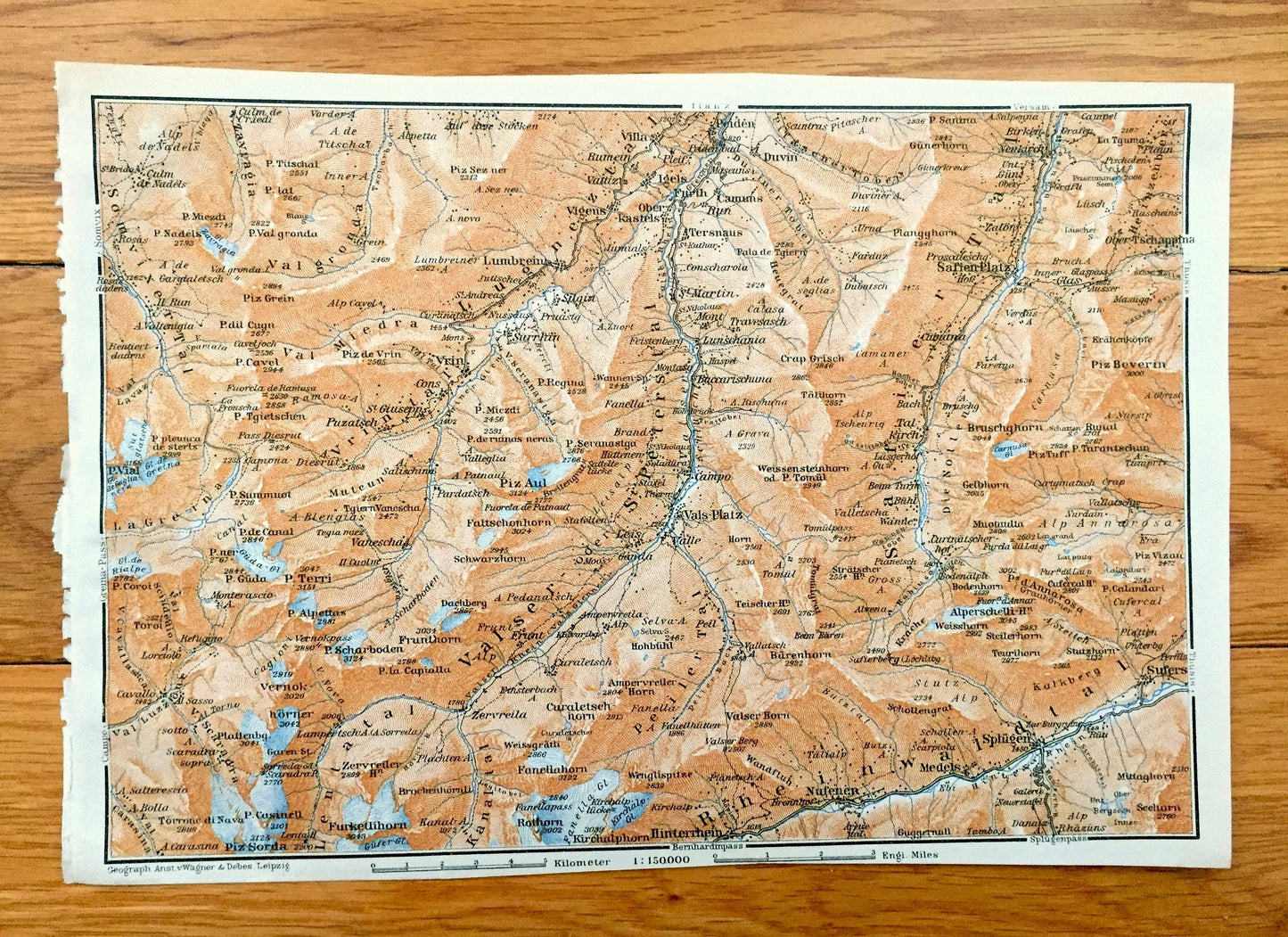 Antique 1913 Vals Platz, Switzerland Map from Baedekers Guide Atlas – Hinterrhein, Vrin, Safien Platz, Medels, Sphigen, Nufenen, Rothorn