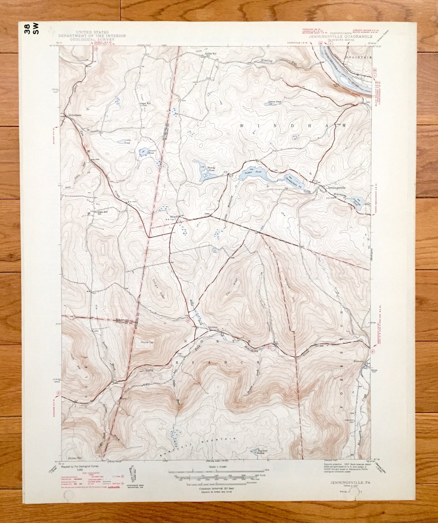 Antique Jenningsville, Pennsylvania 1947 US Geological Survey Topographic Map - Windham, Braintrim, Forkston, North Branch, Colley, Lovelton