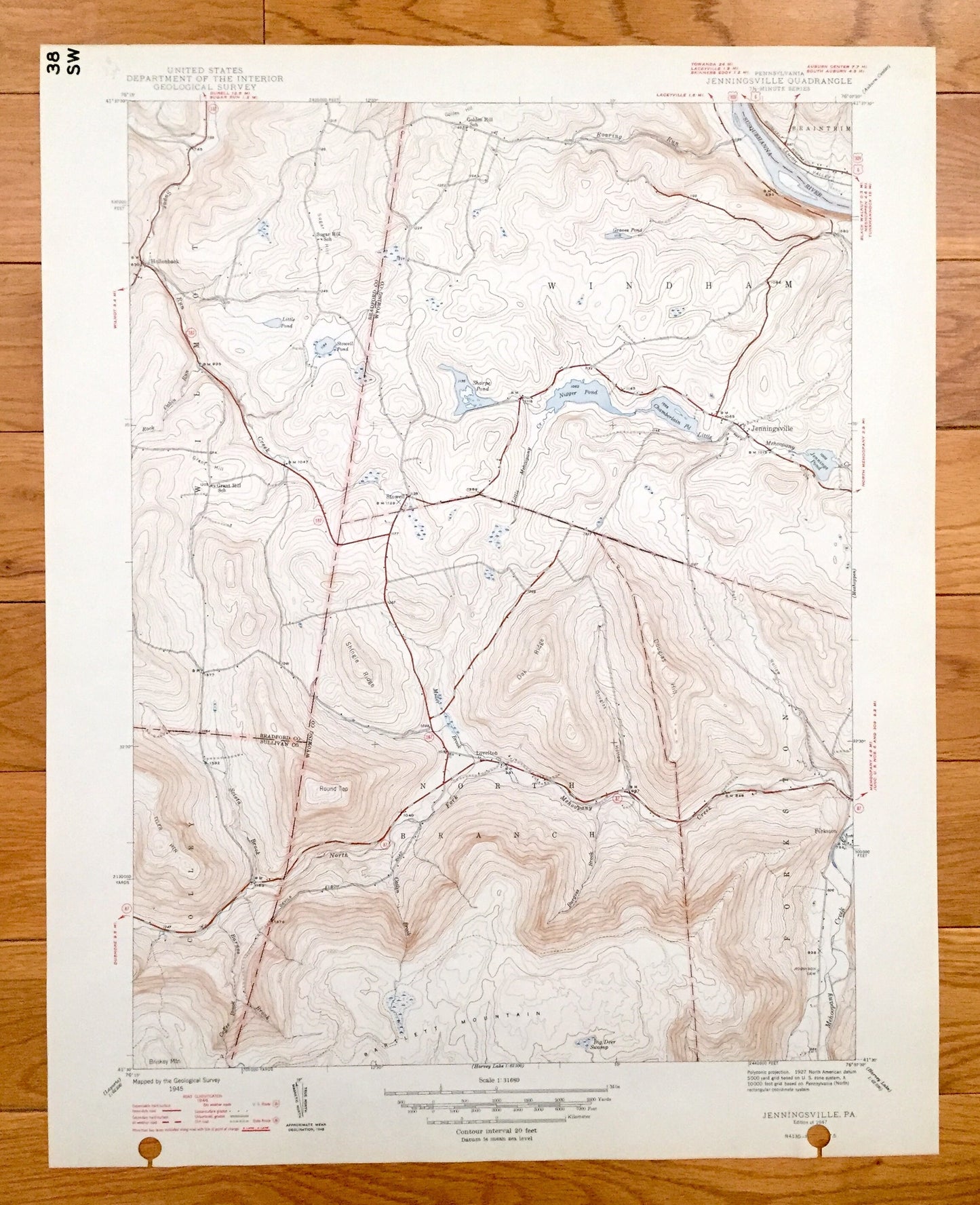 Antique Jenningsville, Pennsylvania 1947 US Geological Survey Topographic Map - Windham, Braintrim, Forkston, North Branch, Colley, Lovelton