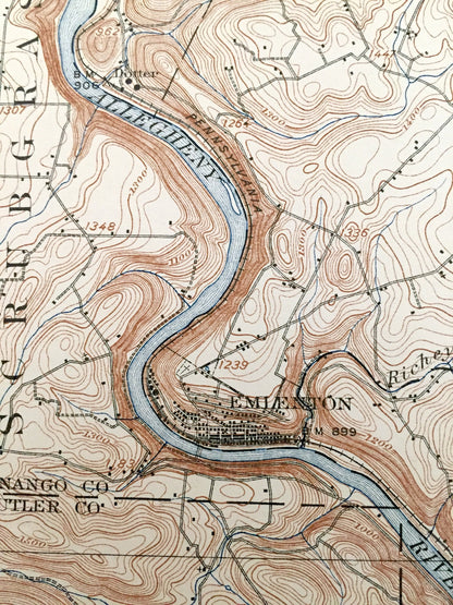 Antique Foxburg, Pennsylvania 1908 US Geological Survey Topographic Map - Scrubgrass, Rockland, Richland, Salem, Beaver, Piney, Allegheny