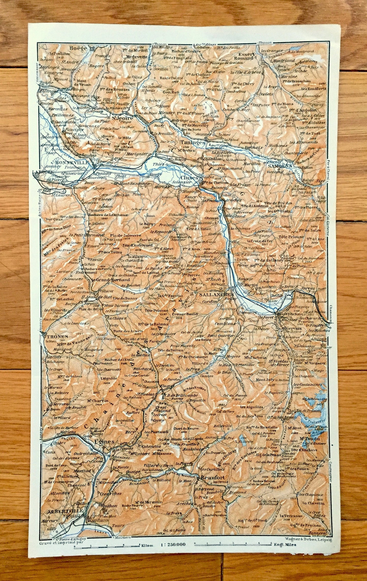 Antique 1913 Sallanches, France Map from Baedekers Guide Atlas – Taninges, Cluses, St. Jeoire, Boëge, Ugines, Thones, Beaufort, Albertville