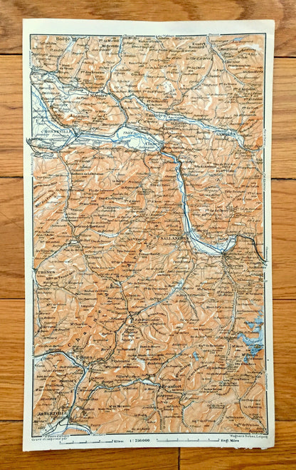 Antique 1913 Sallanches, France Map from Baedekers Guide Atlas – Taninges, Cluses, St. Jeoire, Boëge, Ugines, Thones, Beaufort, Albertville