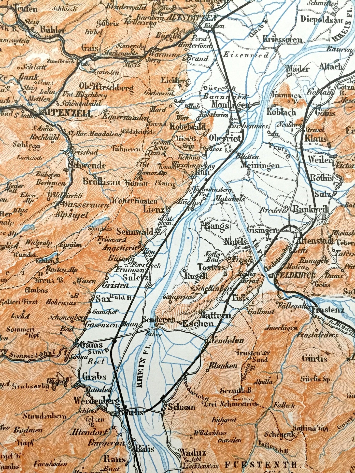 Antique 1913 St Gallen, Switzerland, Liechtenstein Map from Baedekers Guide Atlas – Walensee Lake, Feldkirch, Vaduz, Appenzell, Trogen