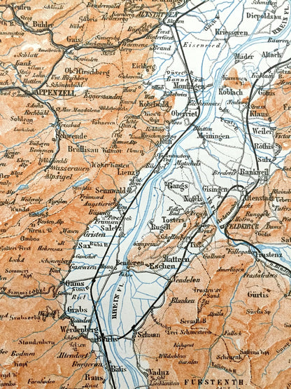 Antique 1913 St Gallen, Switzerland, Liechtenstein Map from Baedekers Guide Atlas – Walensee Lake, Feldkirch, Vaduz, Appenzell, Trogen