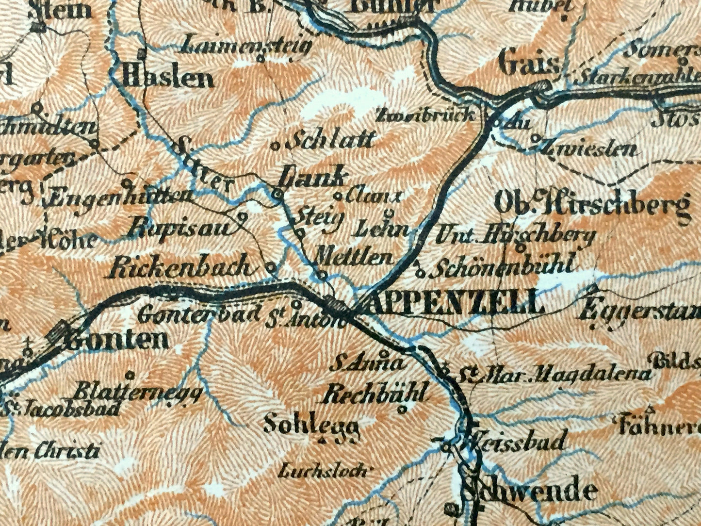 Antique 1913 St Gallen, Switzerland, Liechtenstein Map from Baedekers Guide Atlas – Walensee Lake, Feldkirch, Vaduz, Appenzell, Trogen
