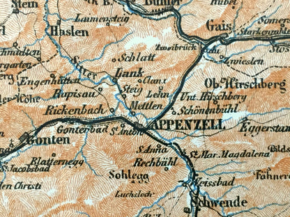 Antique 1913 St Gallen, Switzerland, Liechtenstein Map from Baedekers Guide Atlas – Walensee Lake, Feldkirch, Vaduz, Appenzell, Trogen
