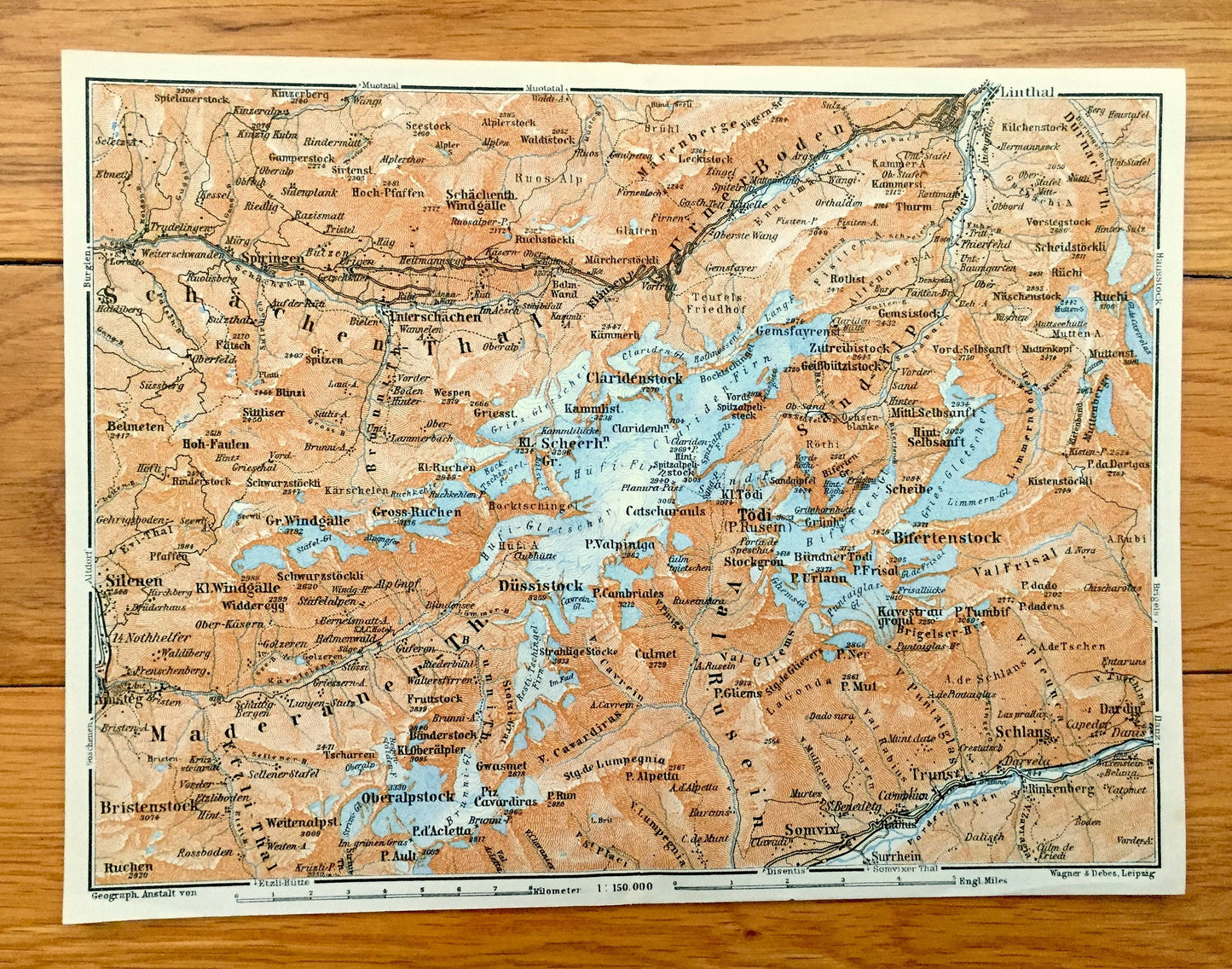 Antique 1913 Tödi Mountain, Switzerland Map from Baedekers Guide Atlas – Ruchi, Bifertenstock, Trunst, Schlans, Dardin, Somvix, Ruchen, Todi