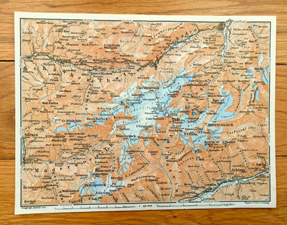 Antique 1913 Tödi Mountain, Switzerland Map from Baedekers Guide Atlas – Ruchi, Bifertenstock, Trunst, Schlans, Dardin, Somvix, Ruchen, Todi