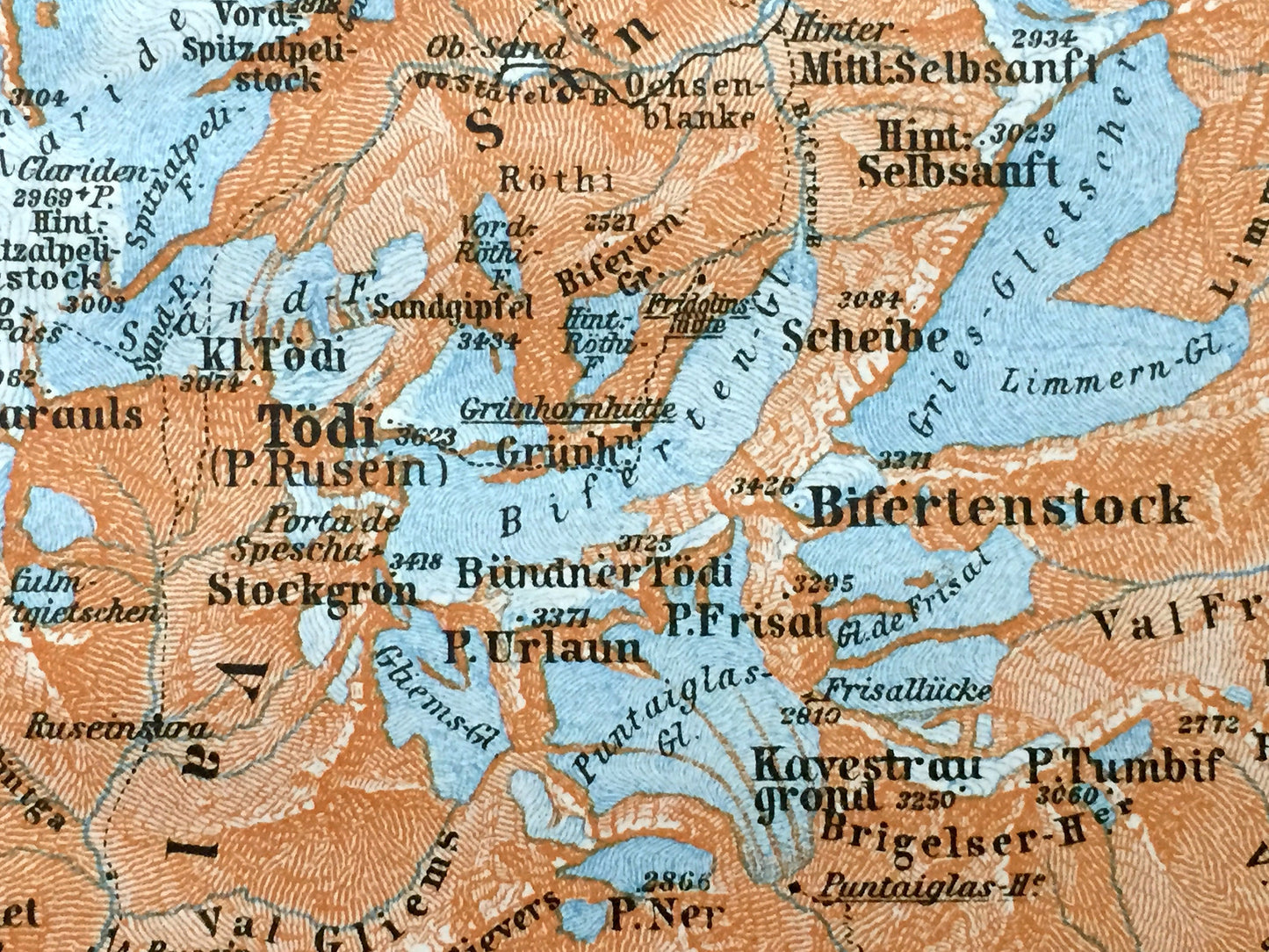 Antique 1913 Tödi Mountain, Switzerland Map from Baedekers Guide Atlas – Ruchi, Bifertenstock, Trunst, Schlans, Dardin, Somvix, Ruchen, Todi