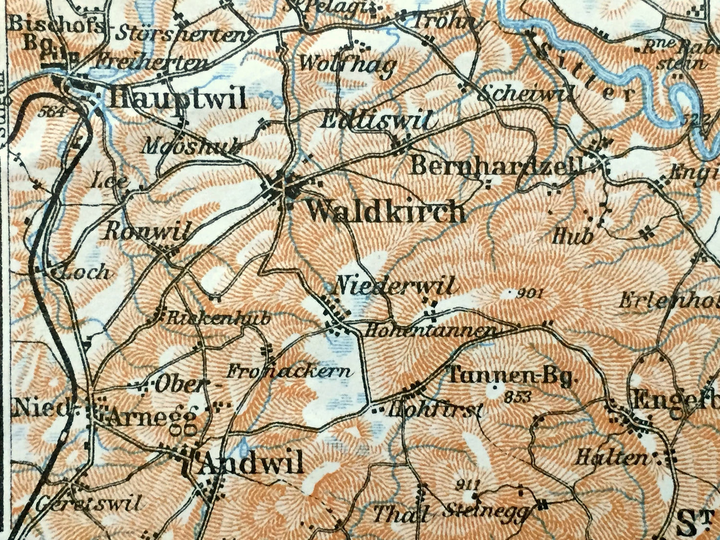 Antique 1913 St Gallen, Switzerland  Map from Baedekers Guide Atlas – Herisau, Appenzal, Altstätten, Rorschach, Teufen, Trogen, Andwil