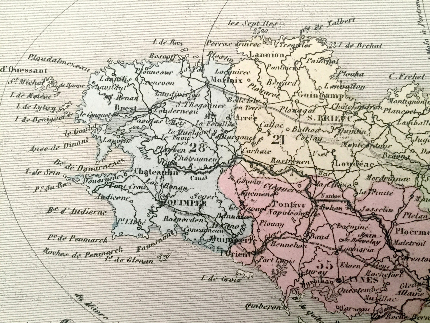 Antique 1869 France Map from Atlas National by Migeon – Paris, Marseilles, Toulouse, Bordeaux, Lille, Nantes, Lyon, Corisica, Normandy
