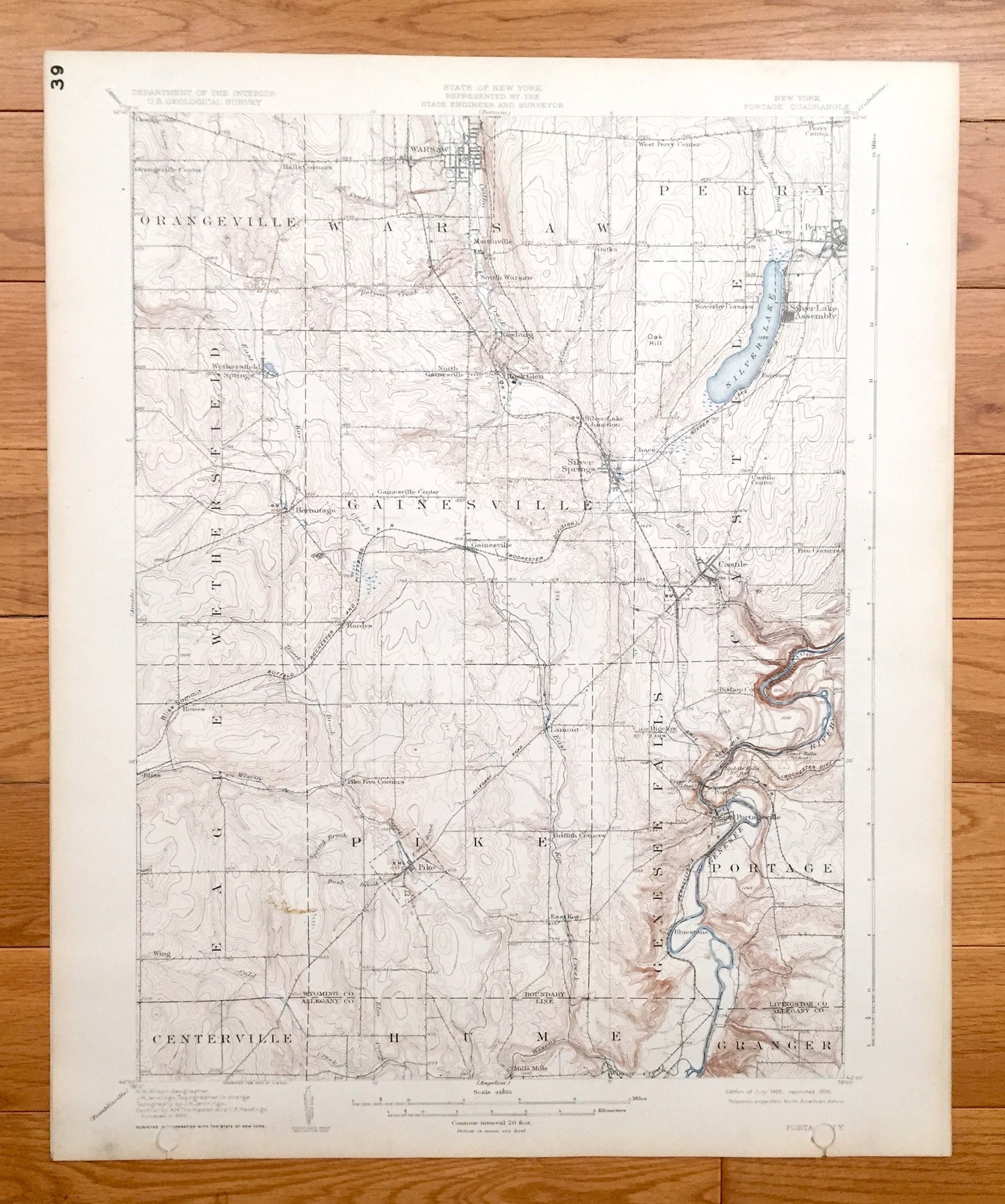 Antique Portage, New York 1905 US Geological Survey Topographic Map – Warsaw, Genesee Falls, Pike, Perry Wethersfield Castile Centerville NY