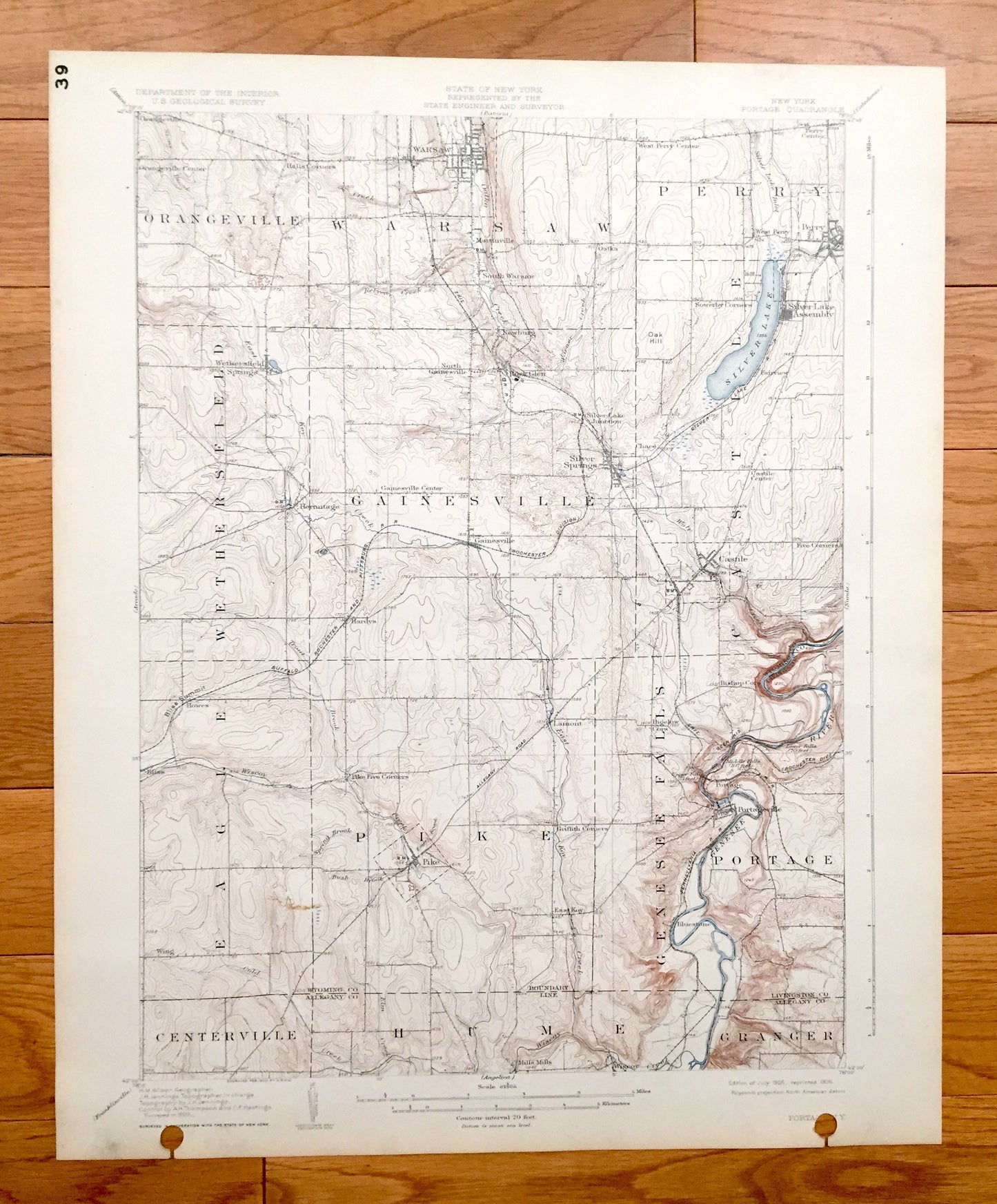 Antique Portage, New York 1905 US Geological Survey Topographic Map – Warsaw, Genesee Falls, Pike, Perry Wethersfield Castile Centerville NY