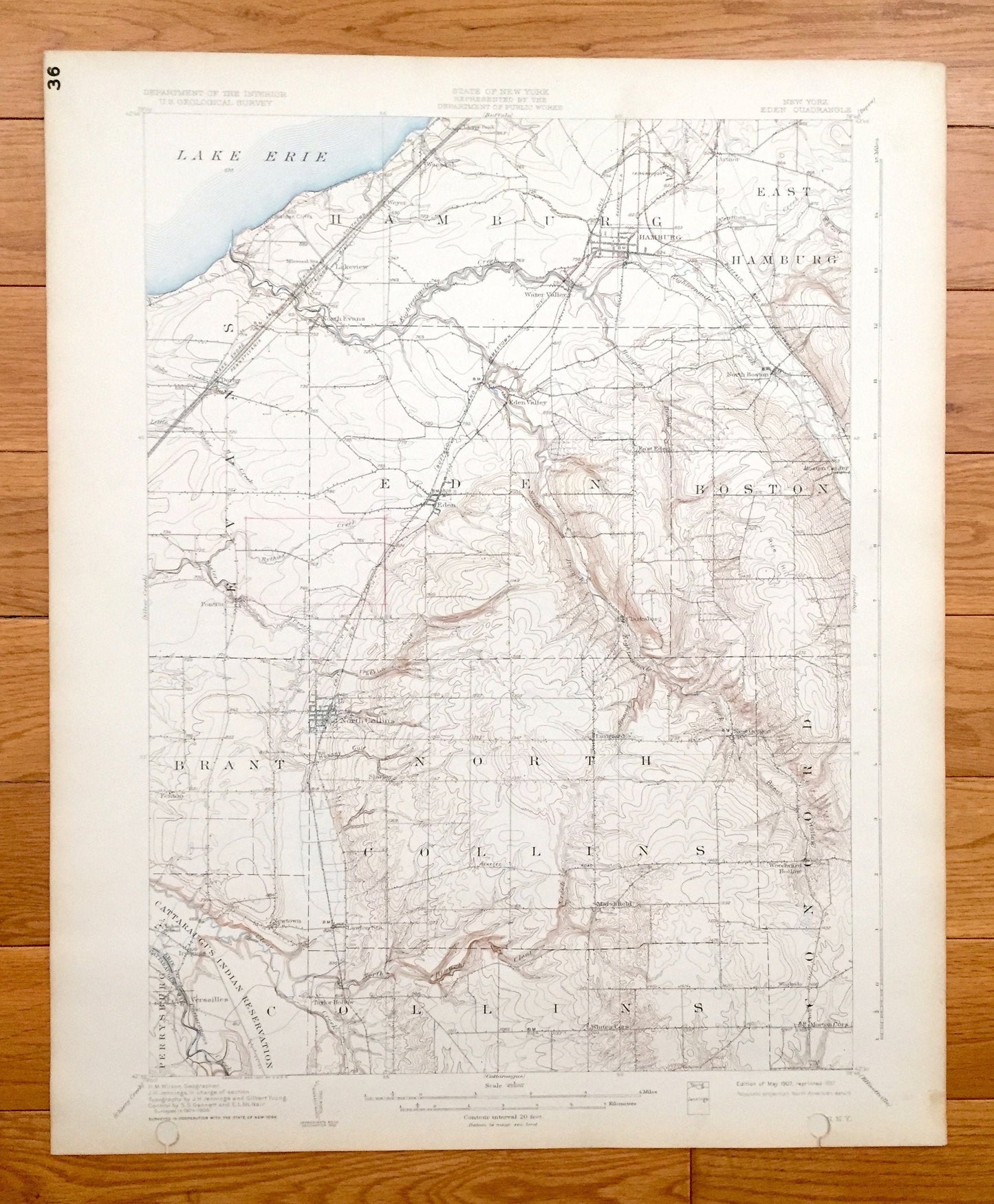 Antique Eden, New York 1907 US Geological Survey Topographic Map - Hamburg, Evans, Boston, Concord, Collins, Brant, Perrysburg, Lake Erie NY