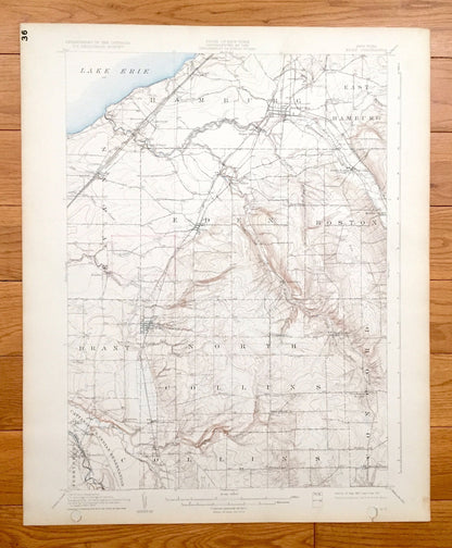 Antique Eden, New York 1907 US Geological Survey Topographic Map - Hamburg, Evans, Boston, Concord, Collins, Brant, Perrysburg, Lake Erie NY