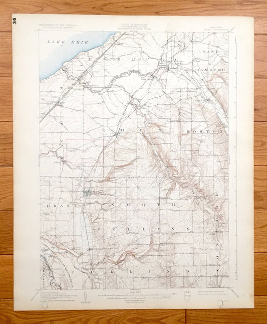 Antique Eden, New York 1907 US Geological Survey Topographic Map - Hamburg, Evans, Boston, Concord, Collins, Brant, Perrysburg, Lake Erie NY