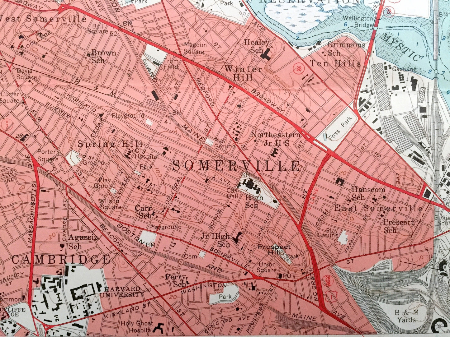 Antique Boston, Massachusetts 1956 US Geological Survey Topographic Map – Revere, Chelsea, Cambridge, Malden Woburn Saugus Suffolk County MA
