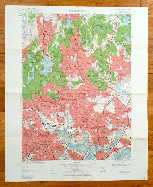 Antique Boston, Massachusetts 1956 US Geological Survey Topographic Map – Revere, Chelsea, Cambridge, Malden Woburn Saugus Suffolk County MA