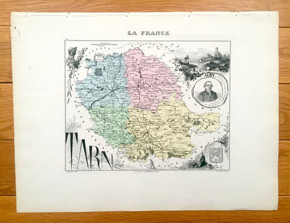 Antique 1858 Tarn Department, France Map from France and its Colonies by Alexandre Vuillemin – Albi, Alby, Castres, Gaillac, Graulhet