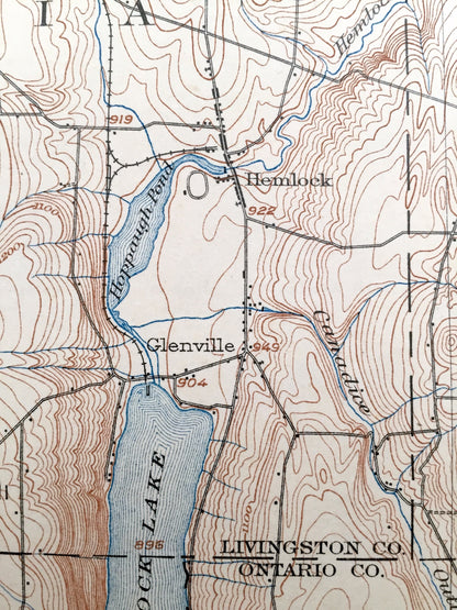 Antique Honeoye, New York 1904 US Geological Survey Topographic Map - Mendon, Rush, Wheatland, Avon, Lima, Caledonia, Richmond, Genesee, NY