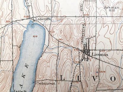 Antique Honeoye, New York 1904 US Geological Survey Topographic Map - Mendon, Rush, Wheatland, Avon, Lima, Caledonia, Richmond, Genesee, NY