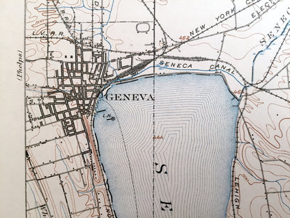 Antique Geneva, New York 1902 US Geological Survey Topographic Map – Ontario, Seneca, Yates County, Varick, Fayette, Junius, Tyre Romulus NY