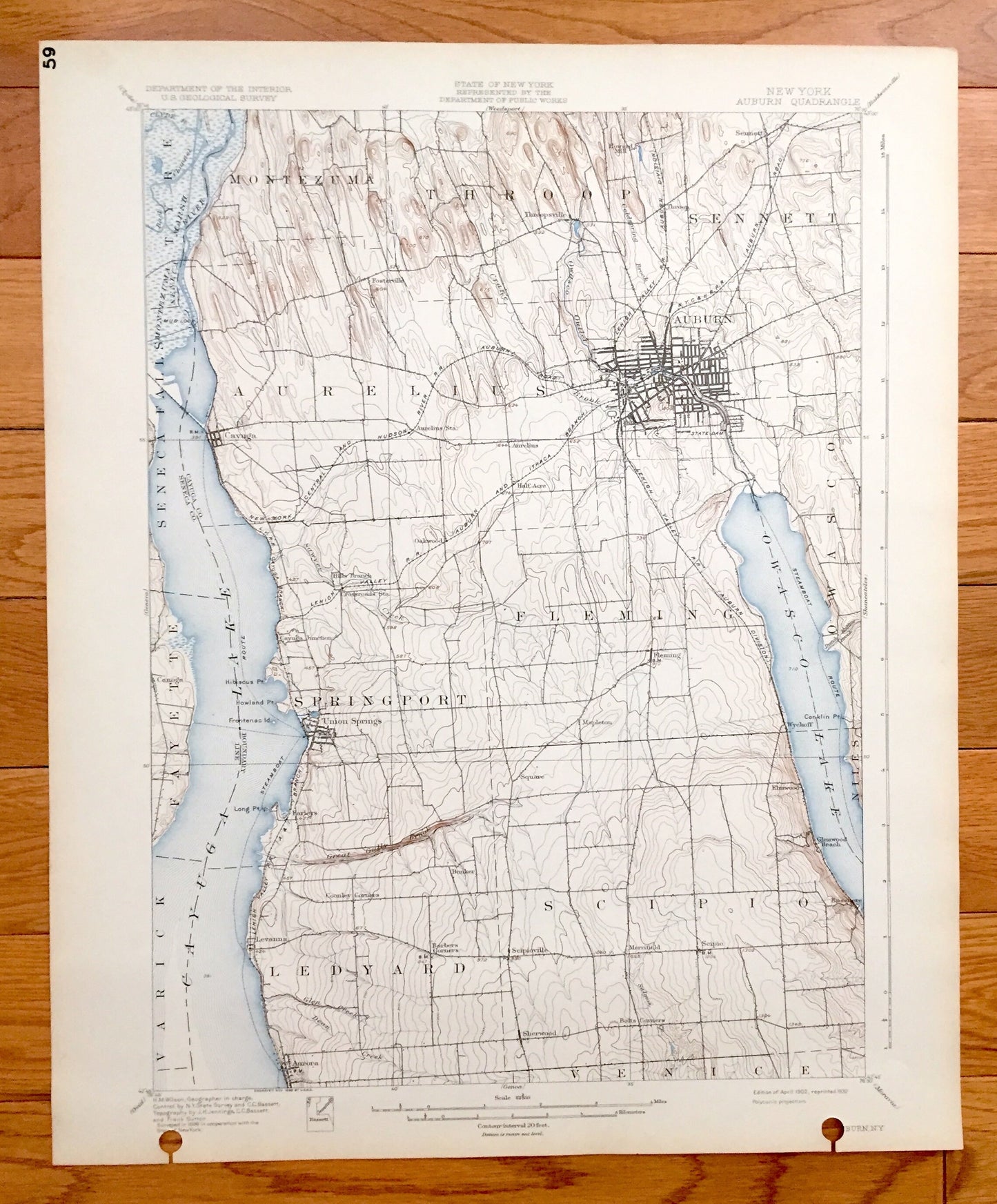 Antique Auburn, New York 1902 US Geological Survey Topographic Map – Aurelius, Fleming, Springport, Montezuma, Throop, Sennett, Ledyard, NY
