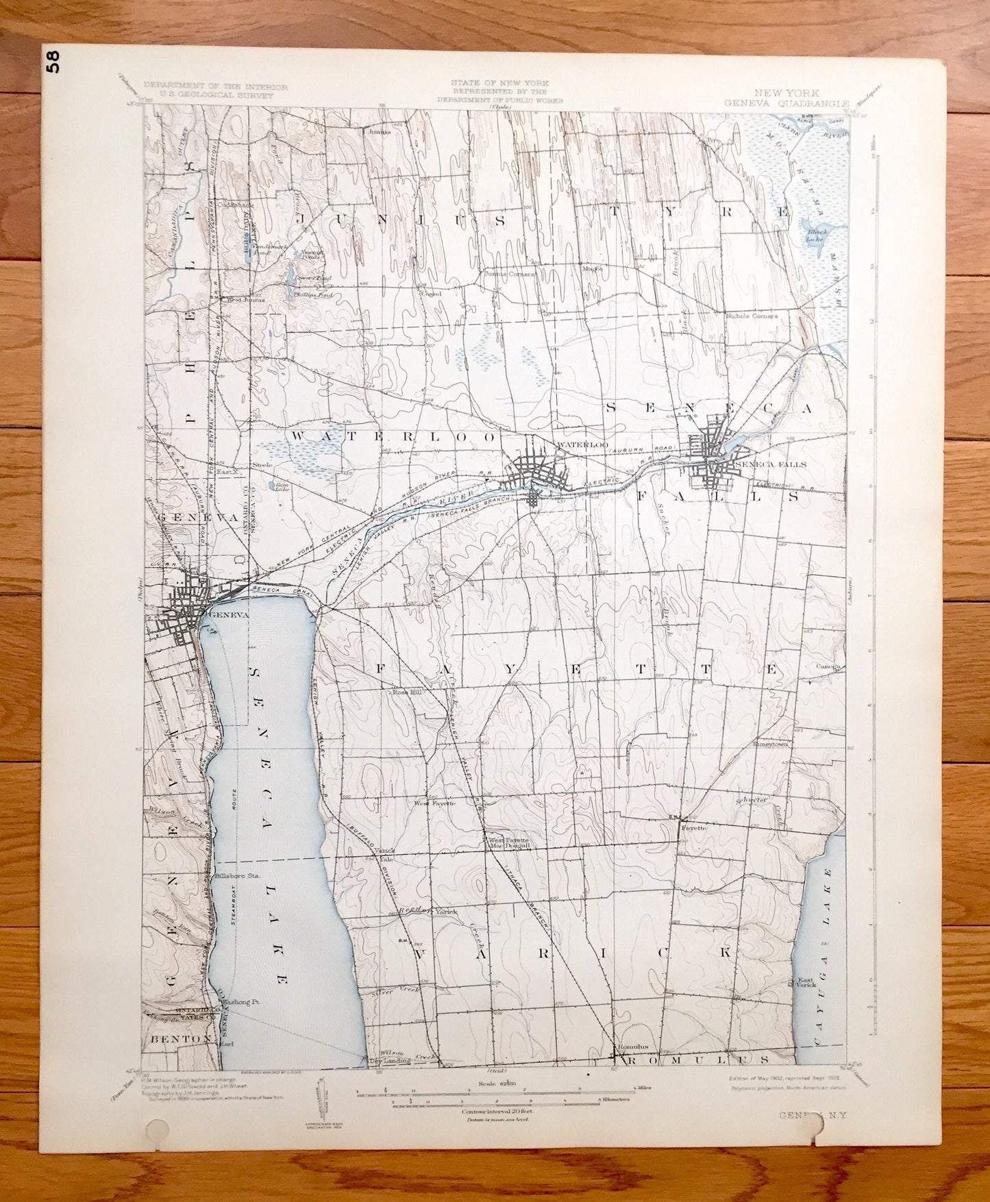 Antique Geneva, New York 1902 US Geological Survey Topographic Map – Ontario, Seneca, Yates County, Varick, Fayette, Junius, Tyre Romulus NY