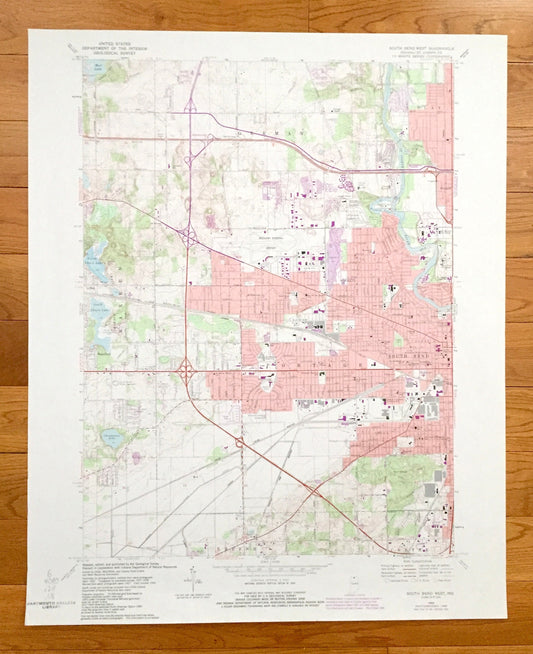 Antique South Bend West, Indiana 1969 US Geological Survey Topographic Map – St Joseph County, German, Clay, Warren, Portage, Greene, Centre