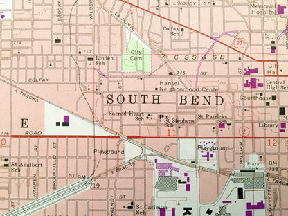 Antique South Bend West, Indiana 1969 US Geological Survey Topographic Map – St Joseph County, German, Clay, Warren, Portage, Greene, Centre