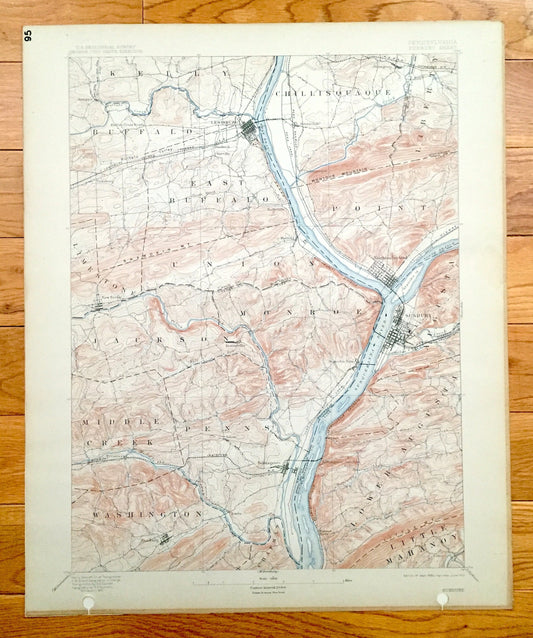 Antique Sunbury, Pennsylvania 1893 US Geological Survey Topographic Map - Augusta, Monroe, Union, Limestone, Jackson, Washington, Liberty PA