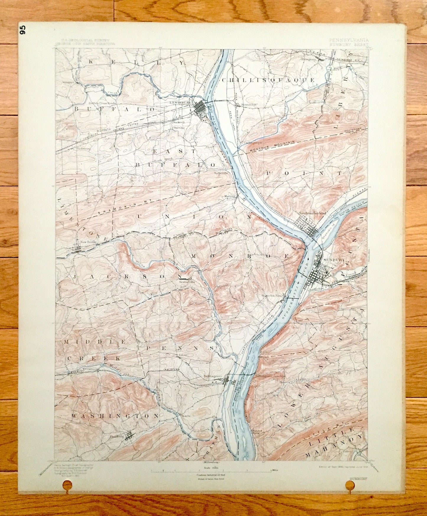 Antique Sunbury, Pennsylvania 1893 US Geological Survey Topographic Map - Augusta, Monroe, Union, Limestone, Jackson, Washington, Liberty PA