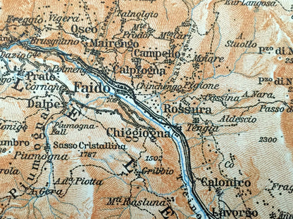 Antique 1913 Malvaglia, Switzerland Map from Baedekers Guide Atlas – Olivone, Aquila, Faido, Giornico, Biasca, Rheinwaldhorn, Ambri, Ticino