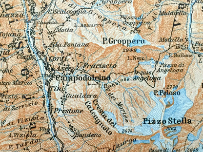 Antique 1913 Pizzo Stella, Italy Map from Baedekers Guide Atlas – Vicosoprano, Bivio, Stalla, Mazzerspitz, Tambohorn, Soazza, Corbet, Hirli