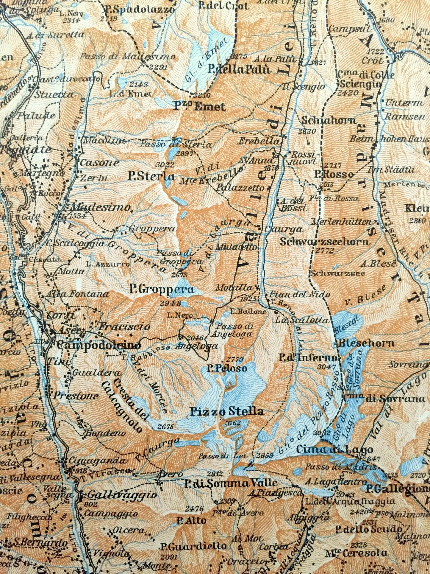 Antique 1913 Pizzo Stella, Italy Map from Baedekers Guide Atlas – Vicosoprano, Bivio, Stalla, Mazzerspitz, Tambohorn, Soazza, Corbet, Hirli