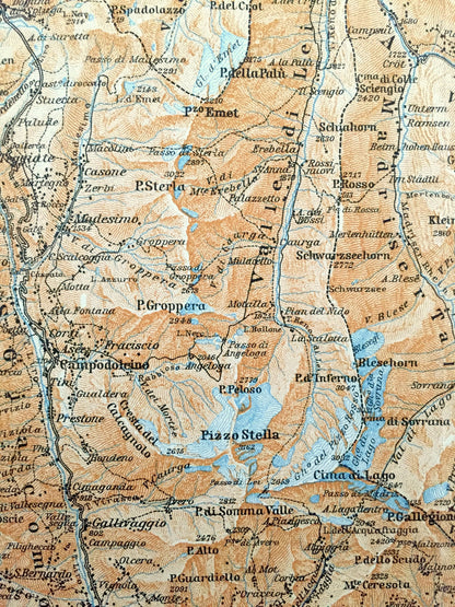 Antique 1913 Pizzo Stella, Italy Map from Baedekers Guide Atlas – Vicosoprano, Bivio, Stalla, Mazzerspitz, Tambohorn, Soazza, Corbet, Hirli