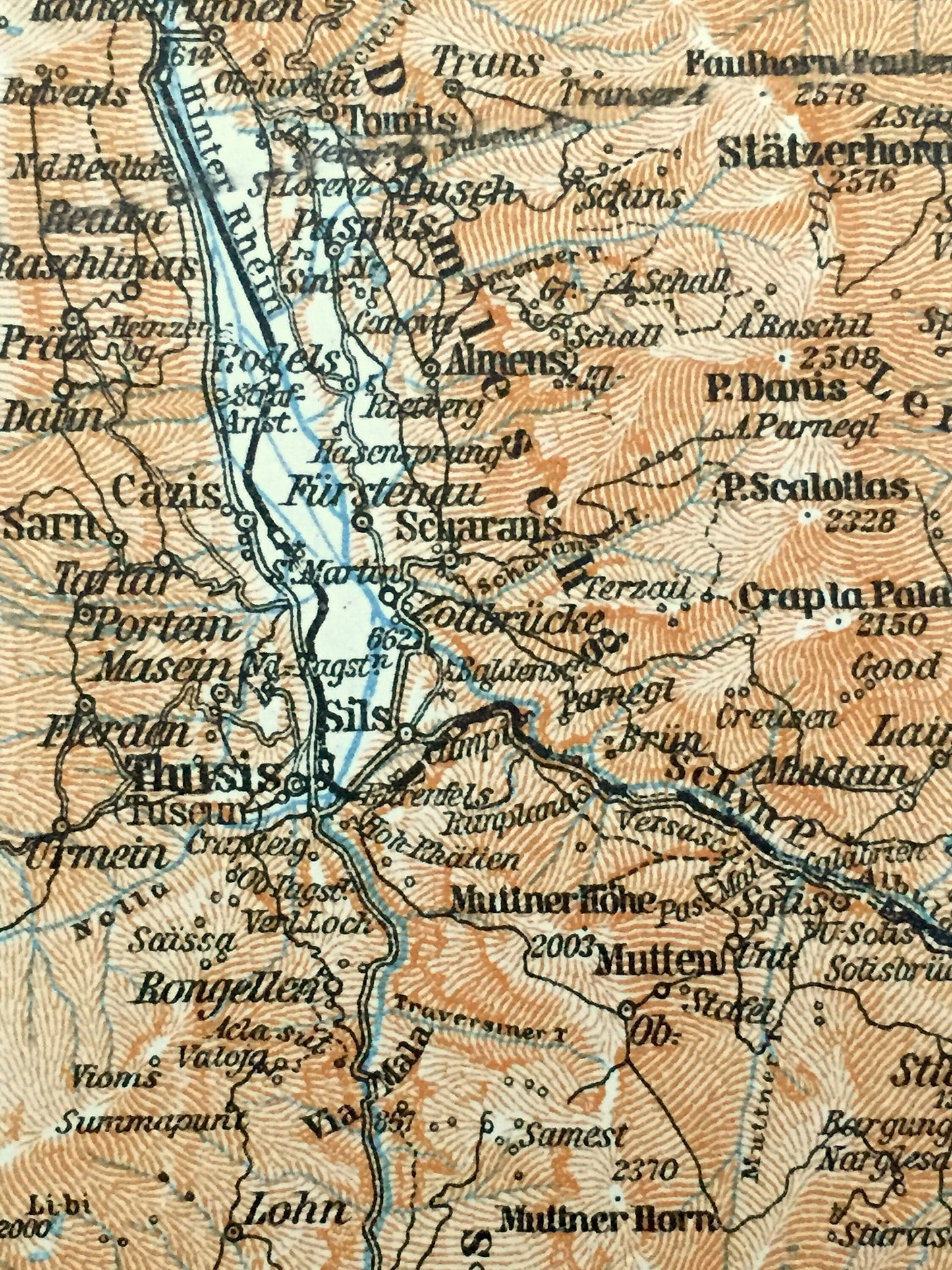 Antique 1913 Chur, Switzerland Map from Baedekers Guide Atlas – Ems, Thusis, Davos, Malix, Wiesen, Zorten, Platz, Piz d'Aela, Piz d'Err Alps