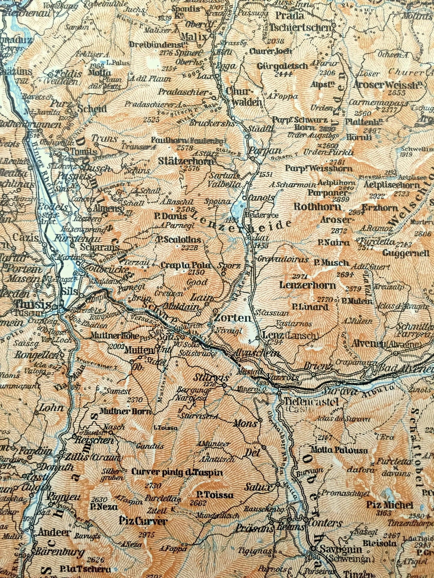 Antique 1913 Chur, Switzerland Map from Baedekers Guide Atlas – Ems, Thusis, Davos, Malix, Wiesen, Zorten, Platz, Piz d'Aela, Piz d'Err Alps
