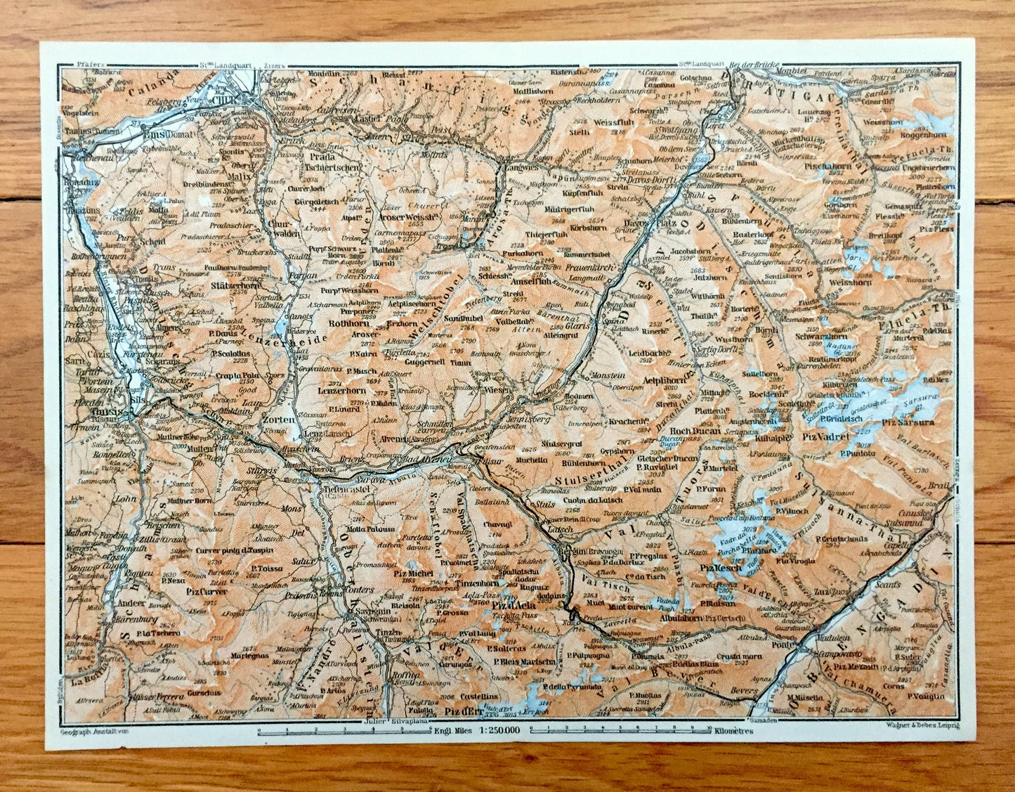 Antique 1913 Chur, Switzerland Map from Baedekers Guide Atlas – Ems, Thusis, Davos, Malix, Wiesen, Zorten, Platz, Piz d'Aela, Piz d'Err Alps