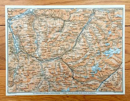 Antique 1913 Chur, Switzerland Map from Baedekers Guide Atlas – Ems, Thusis, Davos, Malix, Wiesen, Zorten, Platz, Piz d'Aela, Piz d'Err Alps