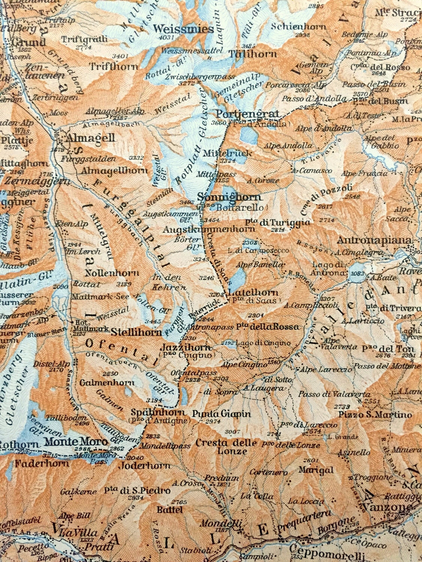 Antique 1913 Domodossola, Italy Map from Baedekers Guide Atlas – Bannio, Vanzone, Anzino, Monte Moro, Almagell, Balen, Grund, Weissmies