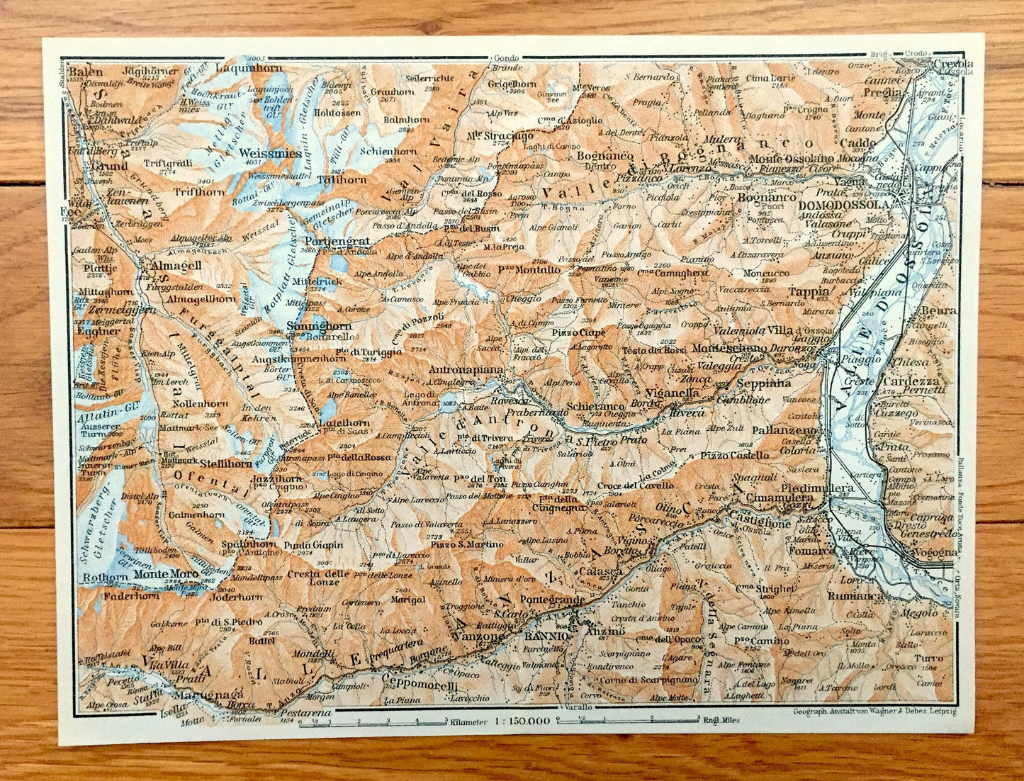 Antique 1913 Domodossola, Italy Map from Baedekers Guide Atlas – Bannio, Vanzone, Anzino, Monte Moro, Almagell, Balen, Grund, Weissmies