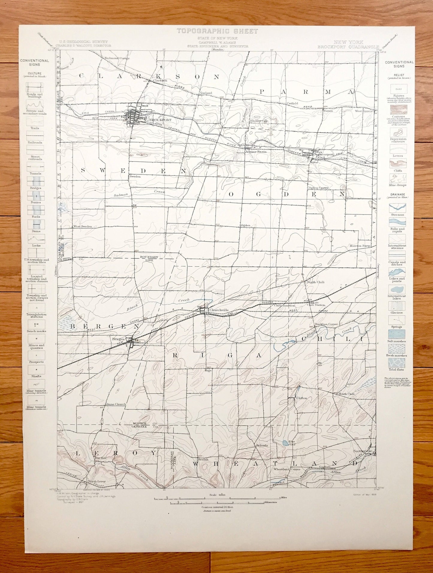 Antique Brockport, New York 1899 US Geological Survey Topographic Map – Monroe, Genesee, Orleans County, Spencerport, Bergen, Clarkson, Erie