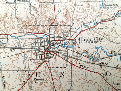 Antique Union City, Pennsylvania 1932 US Geological Survey Topographic Map - Waterford, Amity, Leboeuf, Bloomfield, Athens, Richmond, Sparta