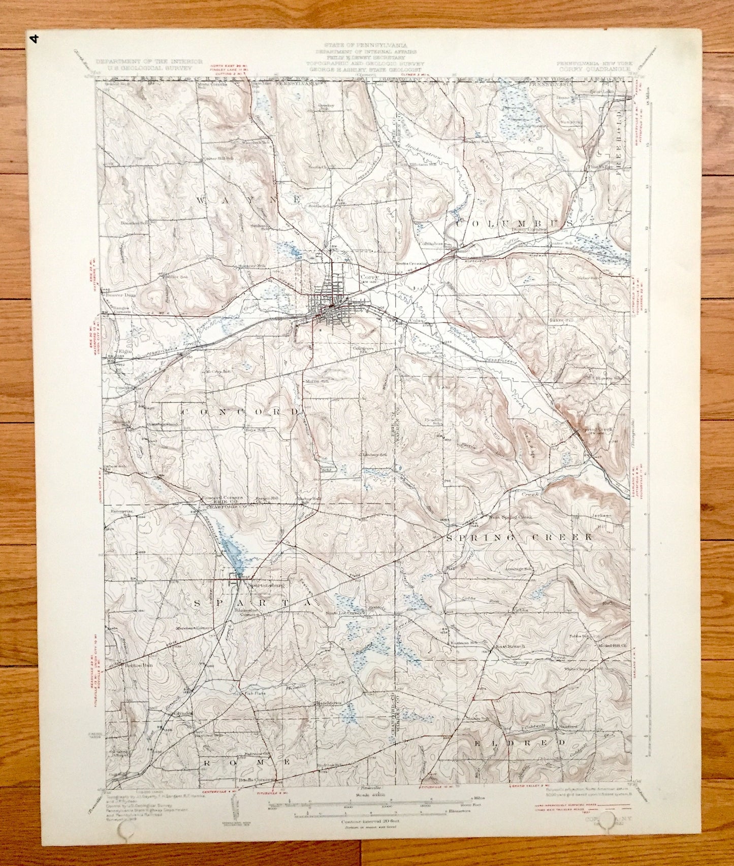 Antique Corry, Pennsylvania 1932 US Geological Survey Topographic Map - Wayne, Columbus, Concord, Spring Creek, Sparta, Eldred, Rome, Elgin