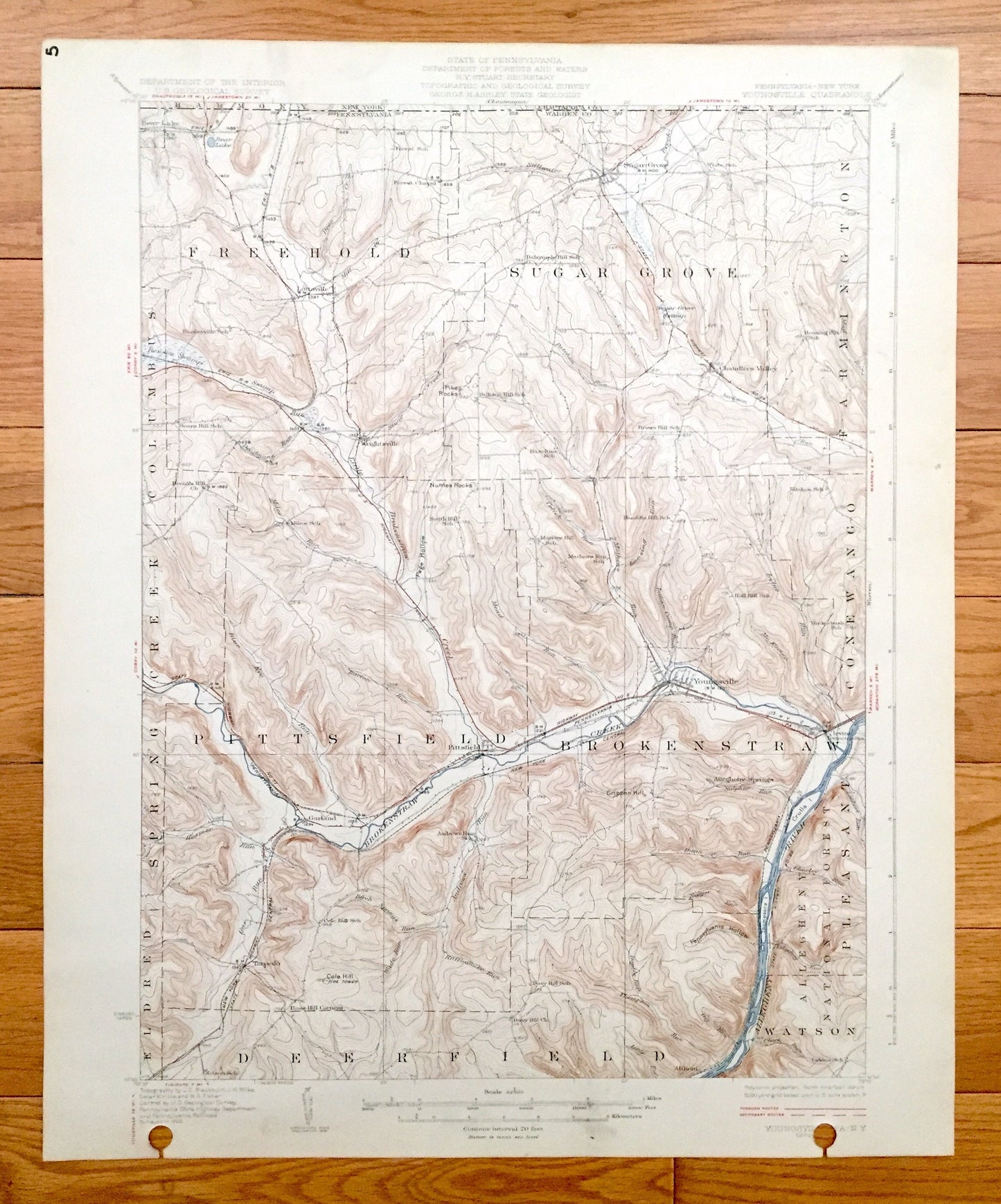 Antique Youngsville, Pennsylvania 1929 US Geological Survey Topographic Map - Brokenstraw, Pittsfield, Deerfield, Freehold, Sugar Grove